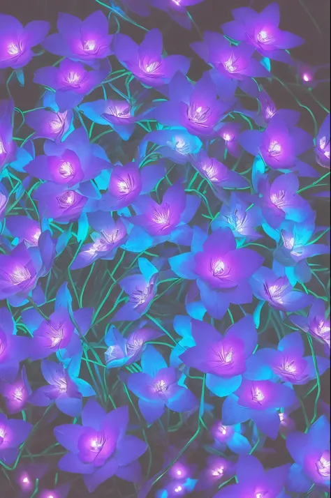 purple flowers with blue lights in the dark, glowing flowers, luminous flowers, bioluminescent plants, with glowing blue lights, glowing neon flowers, bioluminescent cyber - garden, luminescent plants, glowing blue, lights with bloom, glowing plants, beaut...