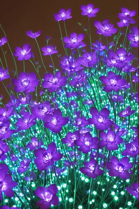 purple flowers with blue lights in the dark, digital art by Bruce Munro, flickr, digital art, glowing flowers, luminous flowers, bioluminescent plants, with glowing blue lights, glowing neon flowers, bioluminescent cyber - garden, luminescent plants, glowi...