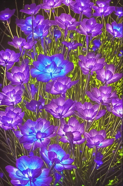 purple flowers with blue lights in the dark, digital art by Bruce Munro, flickr, digital art, glowing flowers, luminous flowers, bioluminescent plants, with glowing blue lights, glowing neon flowers, bioluminescent cyber - garden, luminescent plants, glowi...