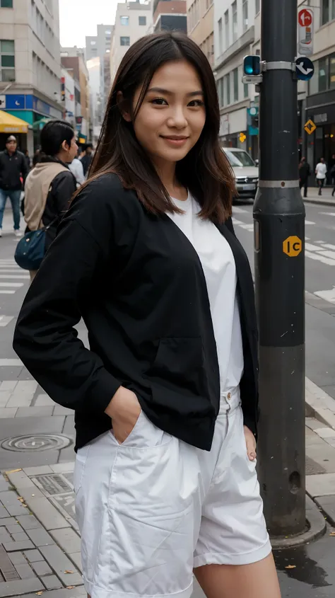 cute asian woman, smiling, hands in her pockets, walking
