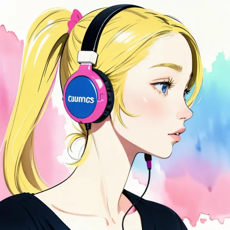 close up of face、colorful、headphones、watercolor、blonde、twin tails、I&#39;m 11 years old、profile、Upper body、underwear