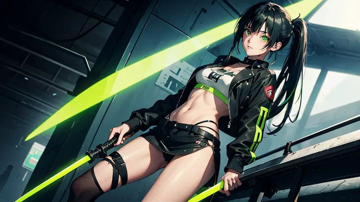 1 girl, solo, long_hair, bangs_between_the_eyes black_hair_with_strands_green, bi_color_ green_neon eyes, sexy_face, HOLDING IN HIS HANDS A SWORD STICKED INTO THE GROUND, cyberpunk_clothes, short_jacket, navel appears, short_skirt, scarred_legs, left_arm_b...