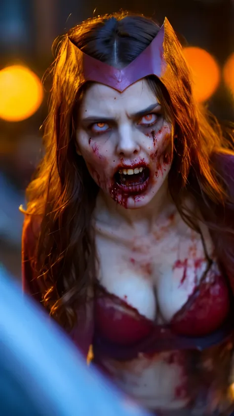 Cinematic, (masterpiece, best quality:1.2), ((RAW photo, Best quality)), (Realistic, photo-realistic:1.2) night, a hotting ((Scarlet Witch)) zombie, wearing a Classic outfit . (((white eyes))),  in dynamic zombie pose, ((Pale or greenish skin)), decomposit...