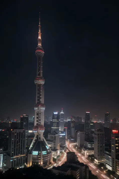 ((best quality)), ((masterpiece)), (detailed), Perfect face Shanghai city skyline at night，High-rise buildings are brightly lit，Symbolizing the struggle and prosperity of young people。


