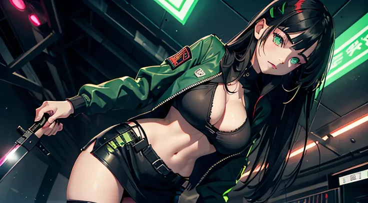 1 girl, solo, long_hair, bangs_between_the_eyes black_hair_with_strands_green, bi_color_ green_neon eyes, sexy_face, HOLDING IN HIS HANDS A SWORD STICKED INTO THE GROUND, cyberpunk_clothes, short_jacket, navel appears, short_skirt, scarred_legs, left_arm_b...