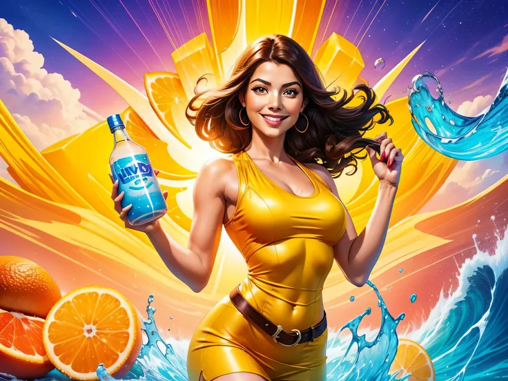 A woman with a radiant smile holds a bottle of refreshing juice from the esteemed Simlimg brand, her image displayed on a high-resolution, 4K advertisement poster. With an air of professionalism, she captivates viewers, showcasing the vibrant colors and de...