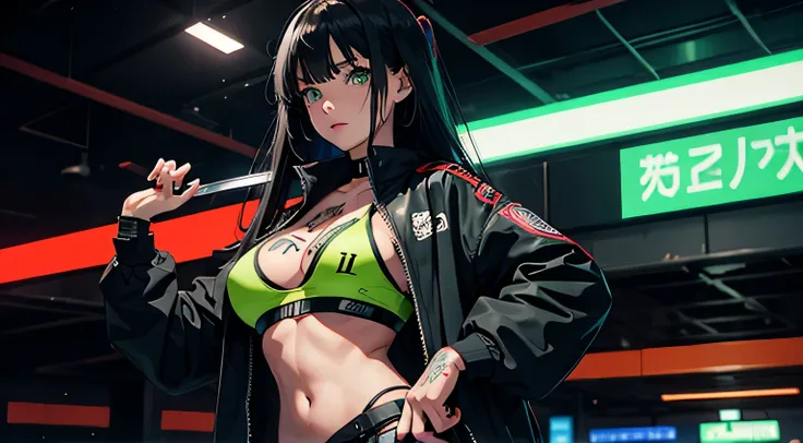 1 girl, solo, long_hair, bangs_between_the_eyes black_hair_with_strands_green, bi_color_ green_neon eyes, sexy_face, HOLDING IN HIS HANDS A SWORD STICKED INTO THE GROUND, cyberpunk_clothes, short_jacket, navel appears, short_skirt, scarred_legs, left_arm_b...