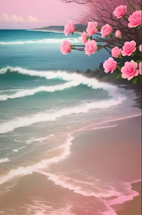 pink roses are growing on the beach near the ocean, a pastel by Eizan Kikukawa, tumblr, romanticism, flowers sea everywhere, beautiful and aesthetic, beautiful dreamy breathtaking, dreamy and romantic, an aesthetic field of flowers, flowers sea rainning ev...