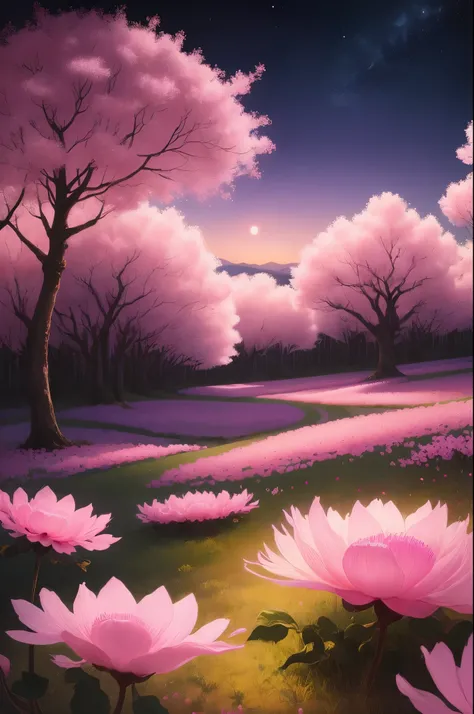 there are many pink flowers in the field at night, a pastel by Cheng Jiasui, tumblr, conceptual art, cotton candy bushes, cotton candy trees, field of fantasy flowers, made of cotton candy, surreal waiizi flowers, glowing flowers, beautiful!!!!!!!!!!!!, ex...