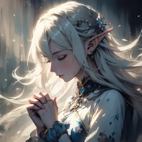 a poignant depiction of an white-hairs elf girl deep in thought, contemplating the fate of her family with concern and worry, st...