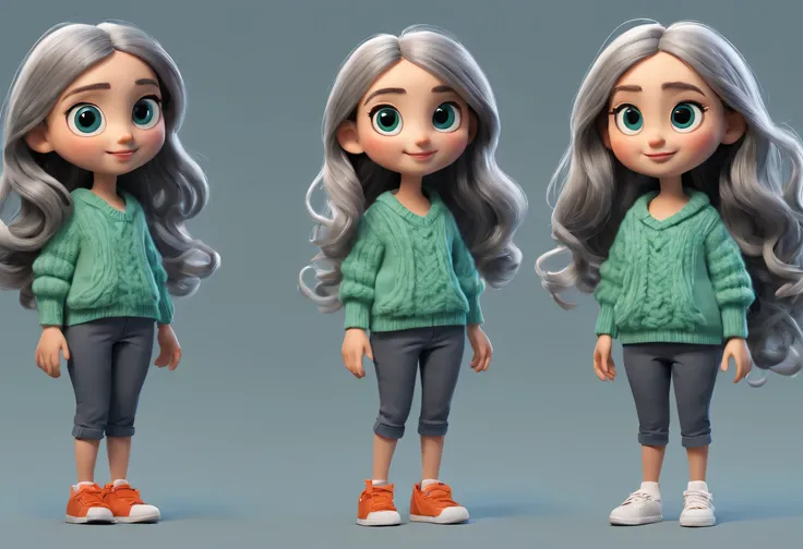 character design sheet, whole body, front, (same cartoon girl) the same cartoon girl, walking humming, wear different color desi...