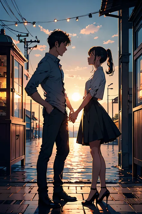 a man and a girl are standing near the house, ponytail girl, short hair man, 予期せぬkiss, 男の頬にkissする女の子, girl in shirt and skirt, k...