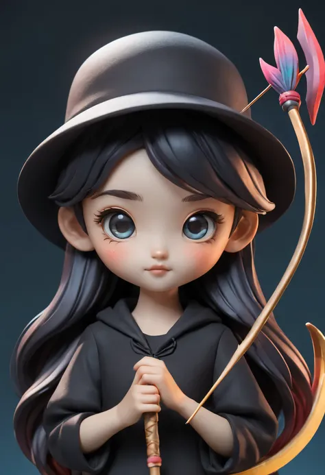 a 12 year old girl, wearing a hat, Double ponytail, big ear, holding a bow and arrow in his hands, black clothes,stern eyes,
Moderate：Mermaid blind box，
style：3D art,
Material：细腻的Light泽,黏土Material,
color：soft and dreamy colors, Dreamy color palette，反射彩虹Lig...