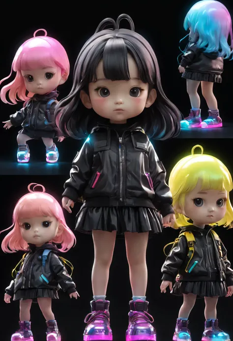 three-view drawing，Generate three views,i.e. front view, side view and rear view,whole body, wear a pair of shoes,Cute little girl wrapped in clear plastic,chibi, Wearing big shiny shoes,Candy colors,black background,3D toys,cyberpunk style,Cinema 4D,octan...