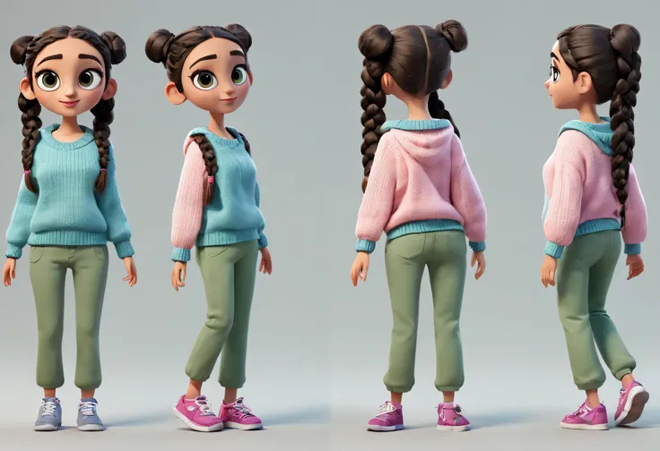 character design sheet, whole body, front, the same cartoon girl humming and walking, Wearing designs in different colors, pretty face, big eyes, White double braids, blue sweater, green sweater, pink sweater, gray baggy pants, role conception, Unreal Engi...
