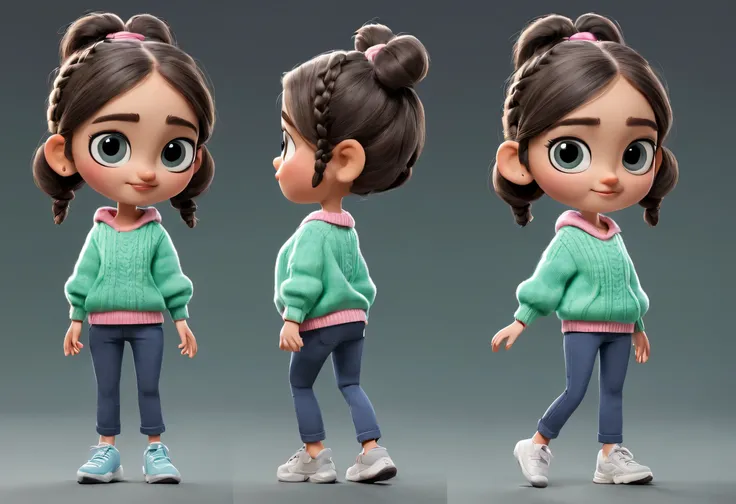 character design sheet, whole body, front, the same cartoon girl humming and walking, Wearing designs in different colors, pretty face, big eyes, White double braids, blue sweater, green sweater, pink sweater, gray baggy pants, role conception, Unreal Engi...