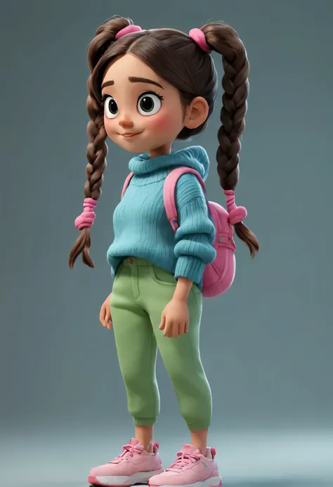 character design sheet, whole body, front, the same cartoon girl humming and walking, Wearing designs in different colors, pretty face, big eyes, White double braids, blue sweater, green sweater, pink sweater, gray baggy pants, role conception, Unreal Engi...