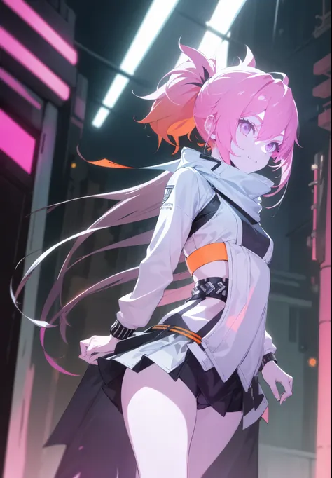 Draw a manga-style character with a physical appearance with this form of the hair Orange with black highlights, tied into glow two ponytails shaped like , Pink color eyes, bright, and expressive and Build Slim and athletic, Attire Upper Body White leather...