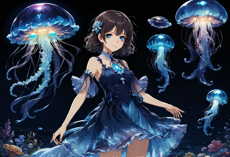 beautifully detailed character reference sheet, a girl, blue cute magical girl dress, luminous opal , jellyfish motive, rainbow ...