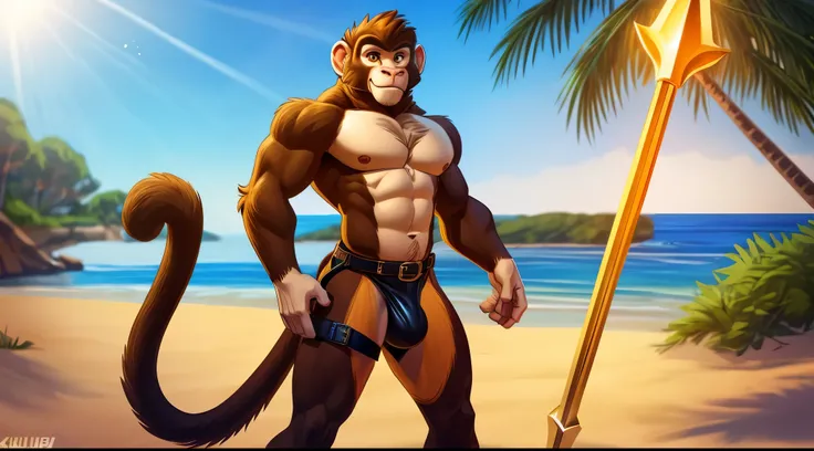 ((A skinny male monkey stands on a beach, holding a magical golden spear)) orange fur, white fur, grey fur, orange eyes, standing, naked, leather belt, chunky belt, oversized belts, featureless crotch, furry bulge, thick neck, long monkey tail, full body v...