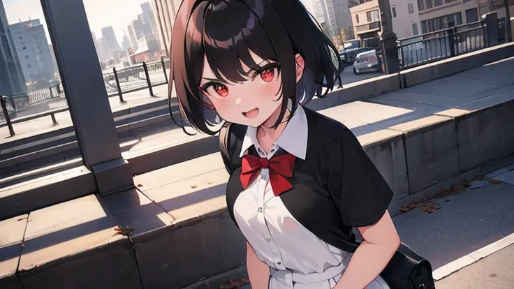 masterpiece, best quality, highres, aarurutie,1girl, standing, , , s, smile,red blush, , open mouth,, best quality, masterpiece, , short_hair, black_hair, red_eyes, black_hair,school uniform, cute, angry, white shirt, grey short skirt, thick thighs