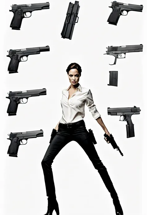 character design sheet,Secret Agent Angelina Jolie,gun,Jump,photography,