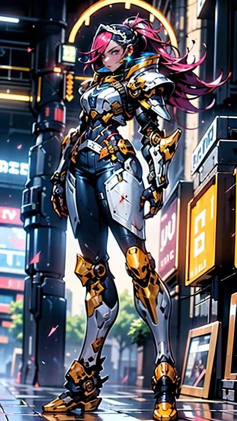 A woman adorned in fantasy-style full-body armor, a crown-concept fully enclosed helmet that unveils only her eyes, a composite layered chest plate, fully encompassing shoulder and hand guards, a lightweight waist armor, form-fitting shin guards, the overa...