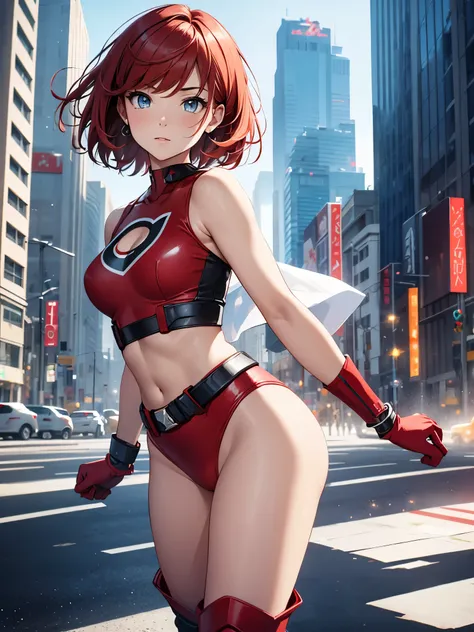 masterpiece, best quality, 1girl, medium breasts, leotard, red leotard with white accents, sleeveless, midriff, bare legs, boots, matching boots, bracelets, city backdrop, solo, single, standing, full body shot, cowboy shot, beautiful detailed eyes, red ha...