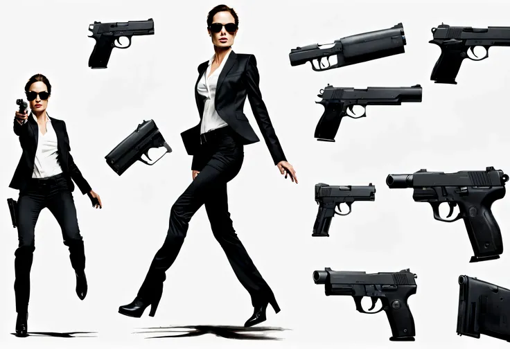character design sheet,Secret Agent Angelina Jolie,gun,Jump,photography,