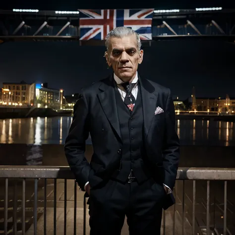 Boris Karloff Frankenstein monster with union jack suit. Back ground Newcastle Tyne bridge 