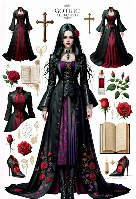 (Gothic character design sheet:1.5)，Character name:Avril Lavigne.dark night，18 years old，long black hair，purple eyes，Red or dark purple lace、Embroidery and other decorations。She was wearing a long black coat and a tight skirt，Show elegant and mysterious te...