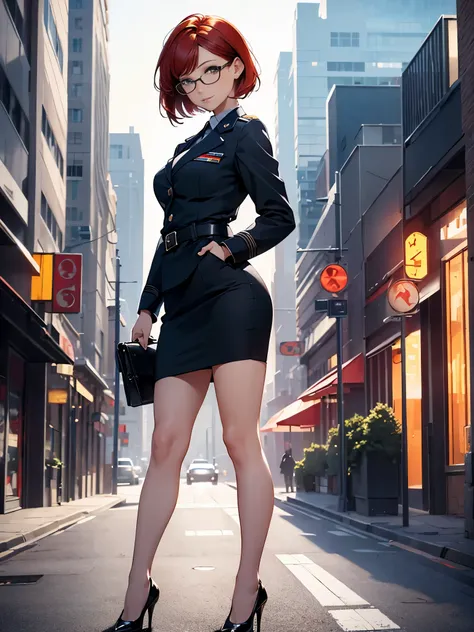 masterpiece, best quality, 1girl, medium breasts, Air Force uniform, suit, pencil skirt, miniskirt, bare legs, shoes, city backdrop, solo, single, standing, full body shot, cowboy shot, beautiful detailed eyes, red hair, short hair, bob hair, glasses