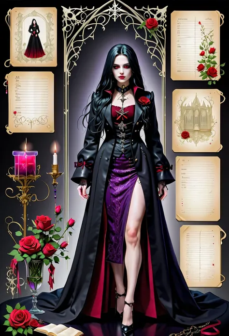 (Gothic character design sheet:1.5)，Character name:Avril Lavigne.dark night，18 years old，long black hair，purple eyes，Red or dark purple lace、Embroidery and other decorations。She was wearing a long black coat and a tight skirt，Show elegant and mysterious te...