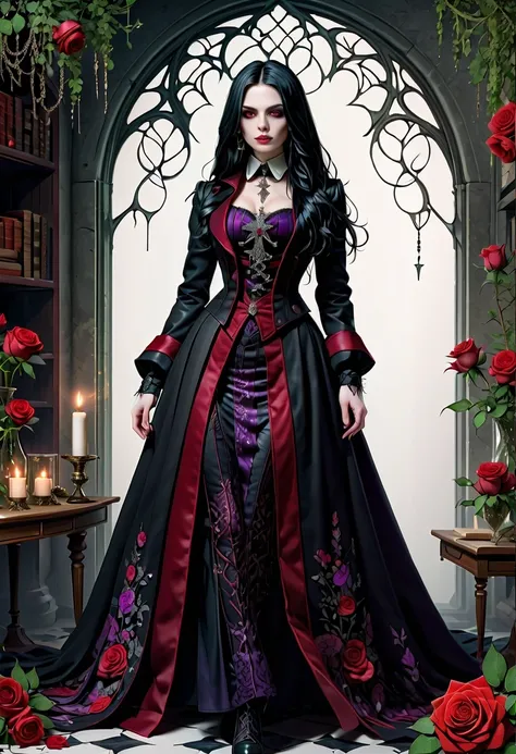 (Gothic character design sheet:1.5)，Character name:Avril Lavigne.dark night，18 years old，long black hair，purple eyes，Red or dark purple lace、Embroidery and other decorations。She was wearing a long black coat and a tight skirt，Show elegant and mysterious te...