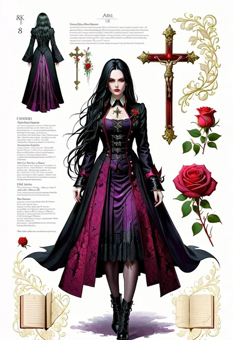 (Gothic character design sheet:1.5)，Character name:Avril Lavigne.dark night，18 years old，long black hair，purple eyes，Red or dark purple lace、Embroidery and other decorations。She was wearing a long black coat and a tight skirt，Show elegant and mysterious te...