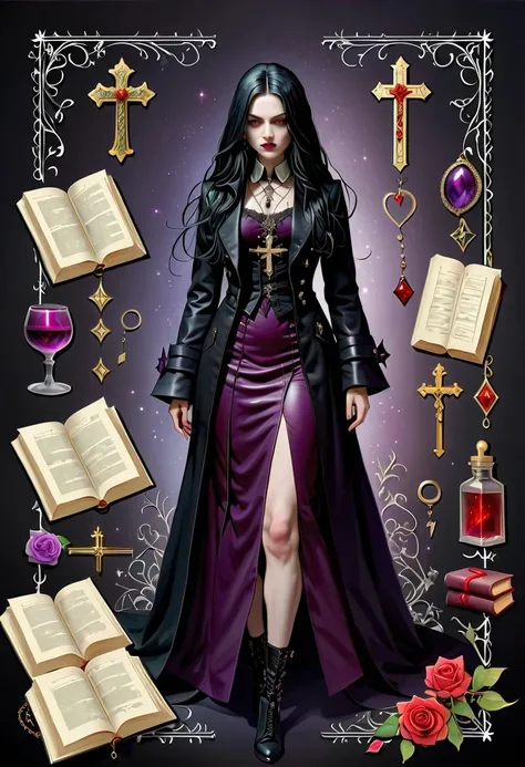 (Gothic character design sheet:1.5)，Character name:Avril Lavigne.dark night，18 years old，long black hair，purple eyes，Red or dark purple lace、Embroidery and other decorations。She was wearing a long black coat and a tight skirt，Show elegant and mysterious te...