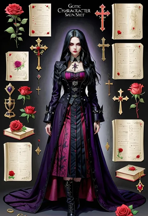 (Gothic character design sheet:1.5)，Character name:Avril Lavigne.dark night，18 years old，long black hair，purple eyes，Red or dark purple lace、Embroidery and other decorations。She was wearing a long black coat and a tight skirt，Show elegant and mysterious te...