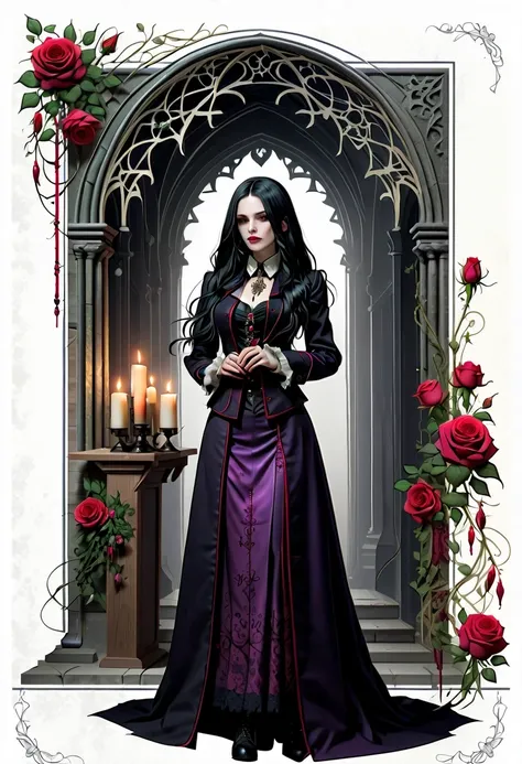 (Gothic character design sheet:1.5)，Character name:Avril Lavigne.dark night，18 years old，long black hair，purple eyes，Red or dark purple lace、Embroidery and other decorations。She was wearing a long black coat and a tight skirt，Show elegant and mysterious te...