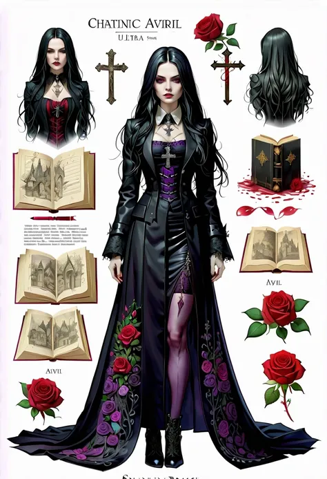 (Gothic character design sheet:1.5)，Character name:Avril Lavigne.dark night，18 years old，long black hair，purple eyes，Red or dark purple lace、Embroidery and other decorations。She was wearing a long black coat and a tight skirt，Show elegant and mysterious te...