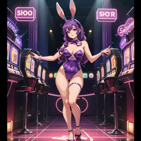 Full body shoot,purple hair, big purple eyes,casino bunny suite,beautiful detailed eyes,beautiful detailed lips,extremely detailed eyes and face, long eyelashes,sexy seductive look,curly purple hair flowing,pink bunny ears,fluffy bunny tail,glamorous casin...