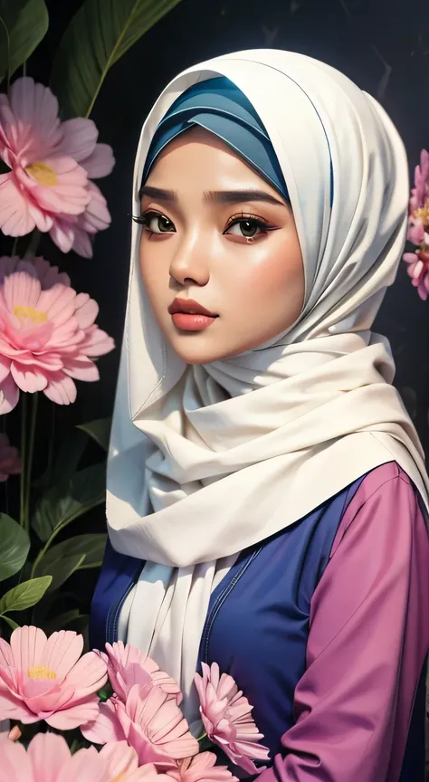 Wanita cantik menggunakan hijab, pemandangan bunga dan pegunungan