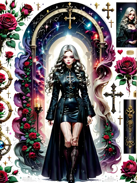 （Gothic character design sheet:1.5），(Scary dolls，Red or dark purple lace、Embroidery and other decorations。She was wearing a long black coat and a tight skirt，Show elegant and mysterious temperament。Wearing a silver cross、chain etc..，old magic book，Romantic...