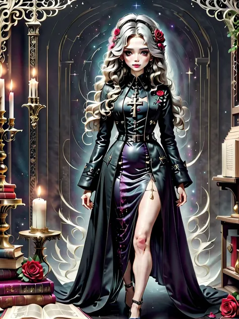 （gothic character design sheet:1.5），(scary dolls，red or dark purple lace、embroidery and other decorations。she was wearing a long...