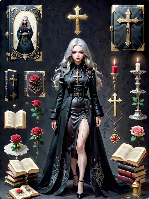 （Gothic character design sheet:1.5），(Scary dolls，Red or dark purple lace、Embroidery and other decorations。She was wearing a long black coat and a tight skirt，Show elegant and mysterious temperament。Wearing a silver cross、chain etc..，old magic book，Romantic...