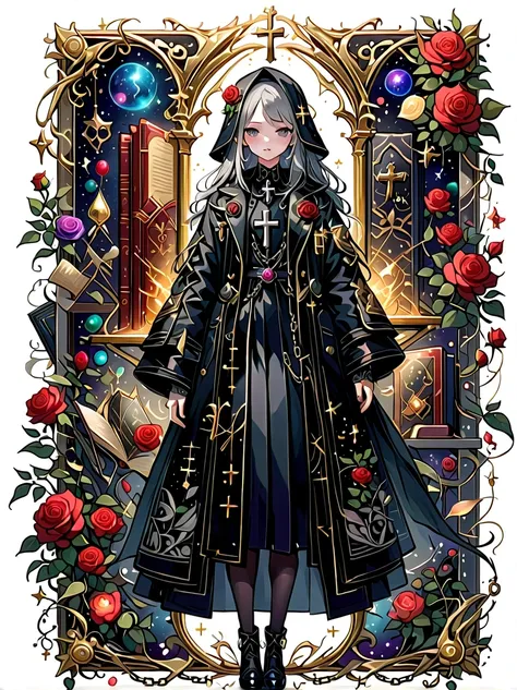 （Gothic character design sheet:1.5），(Scary dolls，Red or dark purple lace、Embroidery and other decorations。She was wearing a long black coat and a tight skirt，Show elegant and mysterious temperament。Wearing a silver cross、chain etc..，old magic book，Romantic...