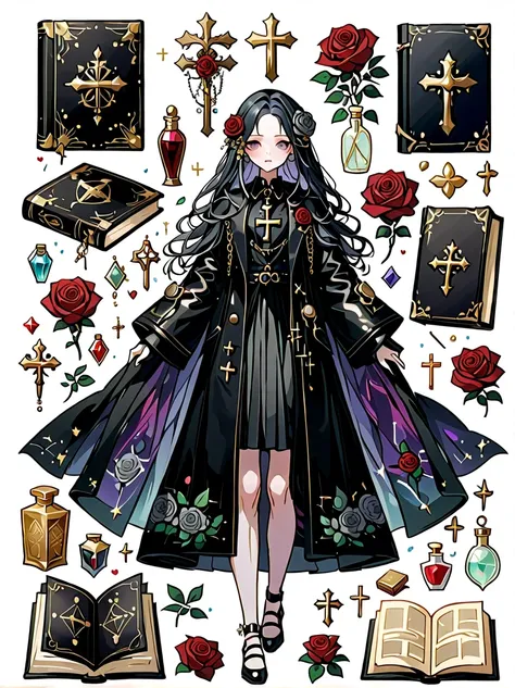 （gothic character design sheet:1.5），(scary dolls，red or dark purple lace、embroidery and other decorations。she was wearing a long...