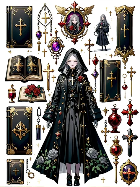 （Gothic character design sheet:1.5），(Scary dolls，Red or dark purple lace、Embroidery and other decorations。She was wearing a long black coat and a tight skirt，Show elegant and mysterious temperament。Wearing a silver cross、chain etc..，old magic book，Romantic...