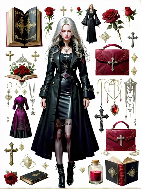 （Gothic character design sheet:1.5），(Scary dolls，Red or dark purple lace、Embroidery and other decorations。She was wearing a long black coat and a tight skirt，Show elegant and mysterious temperament。Wearing a silver cross、chain etc..，old magic book，Romantic...