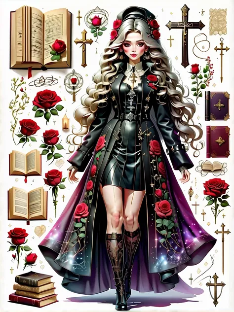 （character design sheet:1.5），(Scary dolls，Red or dark purple lace、Embroidery and other decorations。She was wearing a long black coat and a tight skirt，Show elegant and mysterious temperament。Wearing a silver cross、chain etc..，old magic book，Romantic roses，...