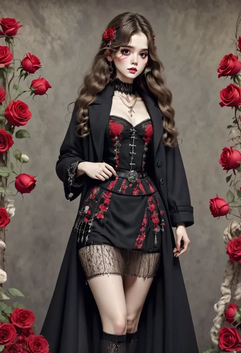 （character design sheet:1.5），Scary dolls，（orderly row:1.2，interval:1.2，no overlap:1.2），Red or dark purple lace、Embroidery and other decorations。She was wearing a long black coat and a tight skirt，Show elegant and mysterious temperament。Wearing a silver cro...